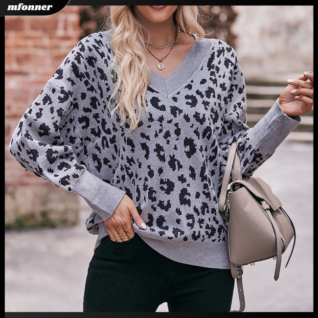 Áo Sweater Dệt Kim Trễ Vai Tay Dài Dáng Rộng In Họa Tiết Da Báo Cá Tính Cho Nữ
