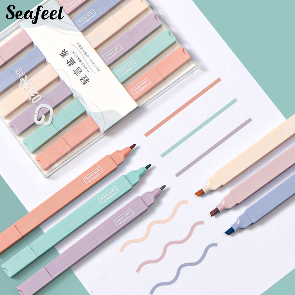 Set 6 Bút Đánh Dấu Hai Đầu Ngòi Mềm Màu Macaron Dành Cho Học Sinh