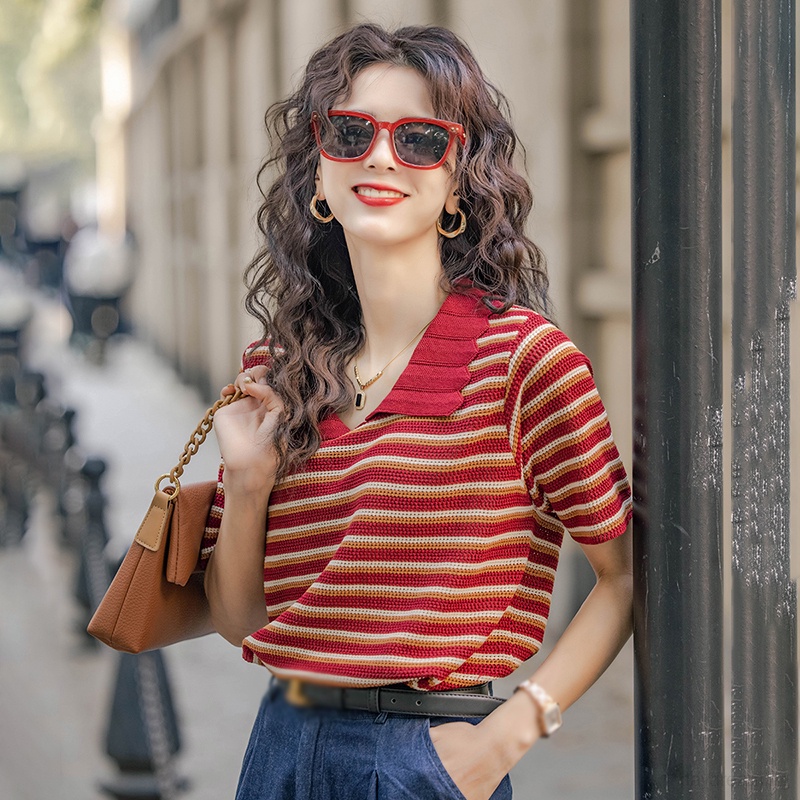 Áo Thun Dệt Kim Cổ Bẻ Họa Tiết Kẻ Sọc Thời Trang Mùa Hè Cho Nữ