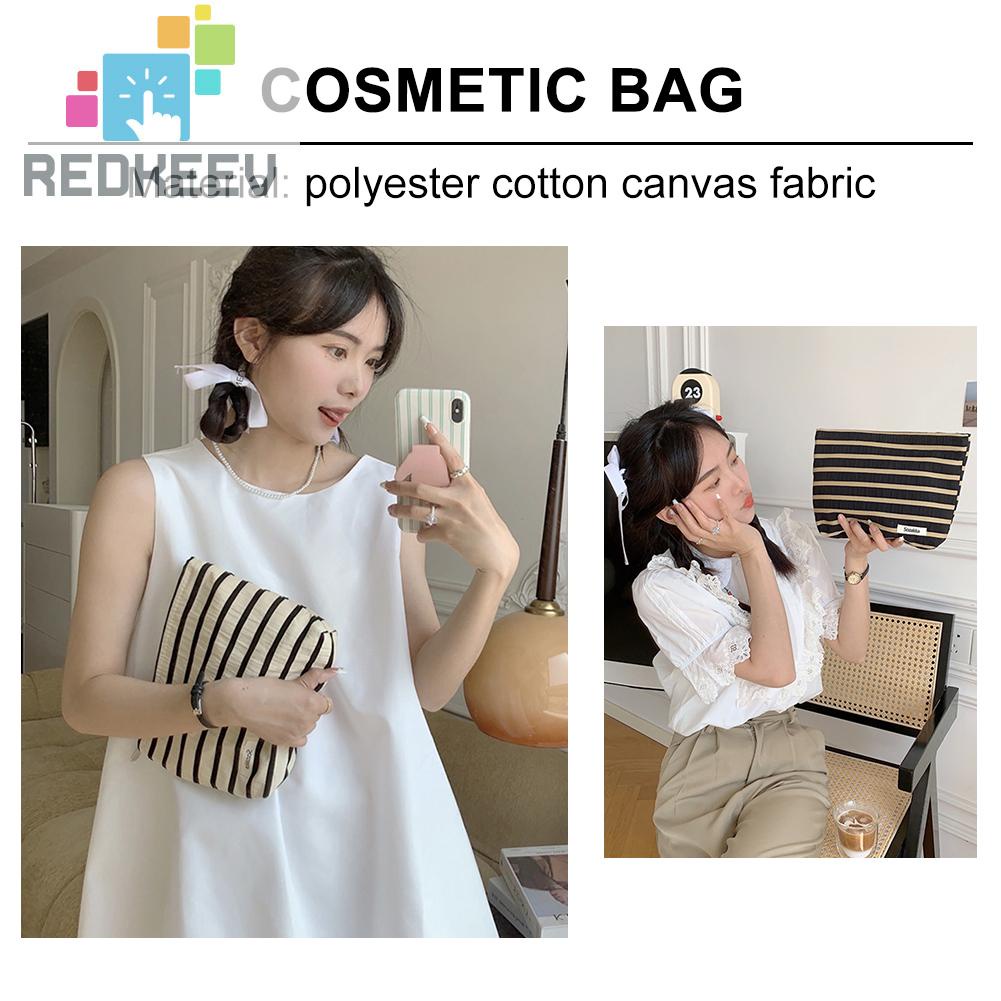 Túi Đựng Mỹ Phẩm Bằng Vải Canvas Họa Tiết Kẻ Sọc Sức Chứa Lớn Tiện Dụng Cho Nữ