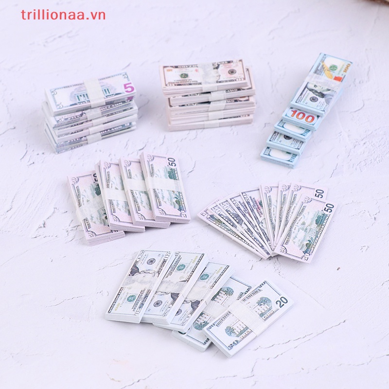 Set 100 Tờ Tiền Đô La 5 / 10 / 20 / 50 / 100 Trang Trí Nhà Búp Bê 1: 12