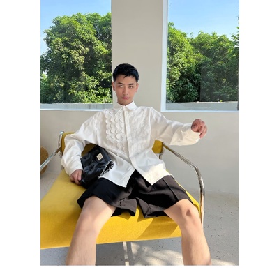 Ins Influencer Blogger Niche Áo Sơ Mi Trắng Xếp Ly Phối Sọc Phiên Bản Hàn Quốc Cho Nam