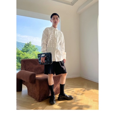 Ins Influencer Blogger Niche Áo Sơ Mi Trắng Xếp Ly Phối Sọc Phiên Bản Hàn Quốc Cho Nam