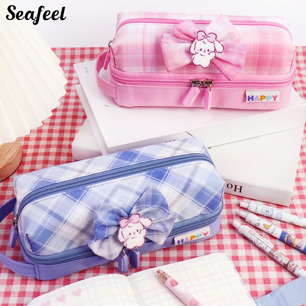 Túi Đựng Bút Hai Ngăn Đính Nơ Sức Chứa Lớn Phong Cách Đại Học