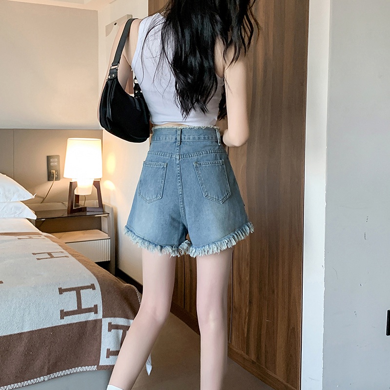 Quần Short Denim Lưng Cao Ống Rộng Phong Cách Hàn Quốc Dành Cho Nữ