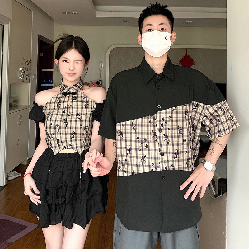 Bộ Áo Sơ Mi Tay Ngắn Phối Chân Váy Dài Xẻ Tà Phối Nút Thời Trang Cho Các Cặp Đôi Đồ đôi đồ cặp nam nữ