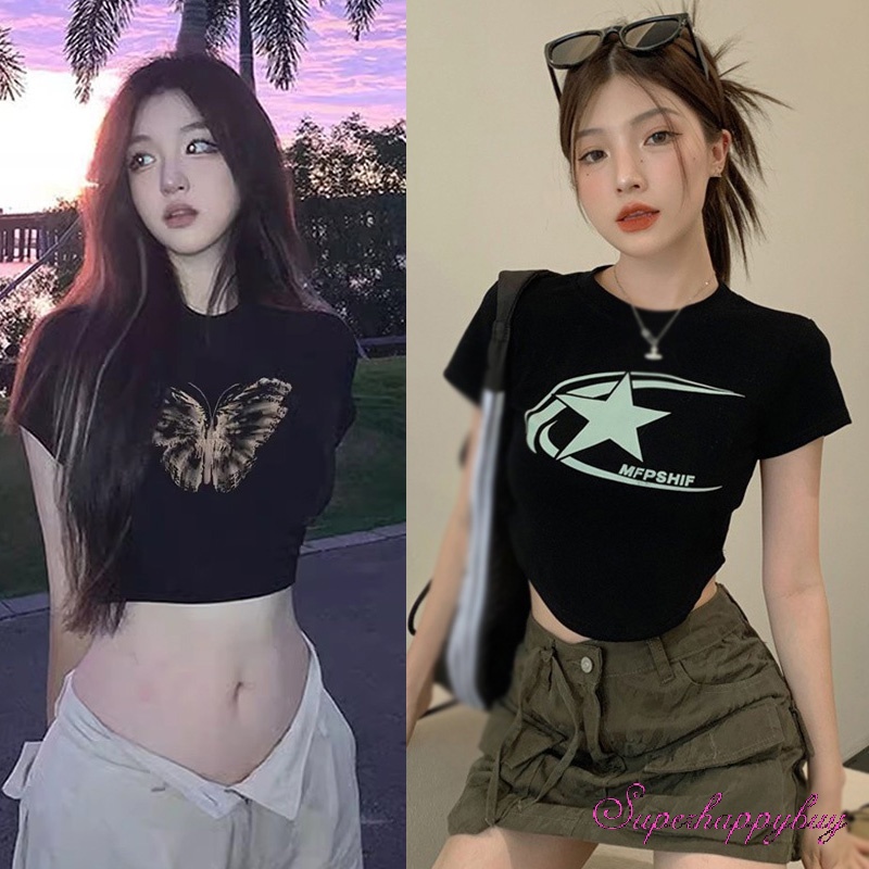 Áo Thun Ngắn Tay Cổ Tròn In Họa Tiết Bướm Và Chữ Thời Trang Mùa Hè Cho Nữ