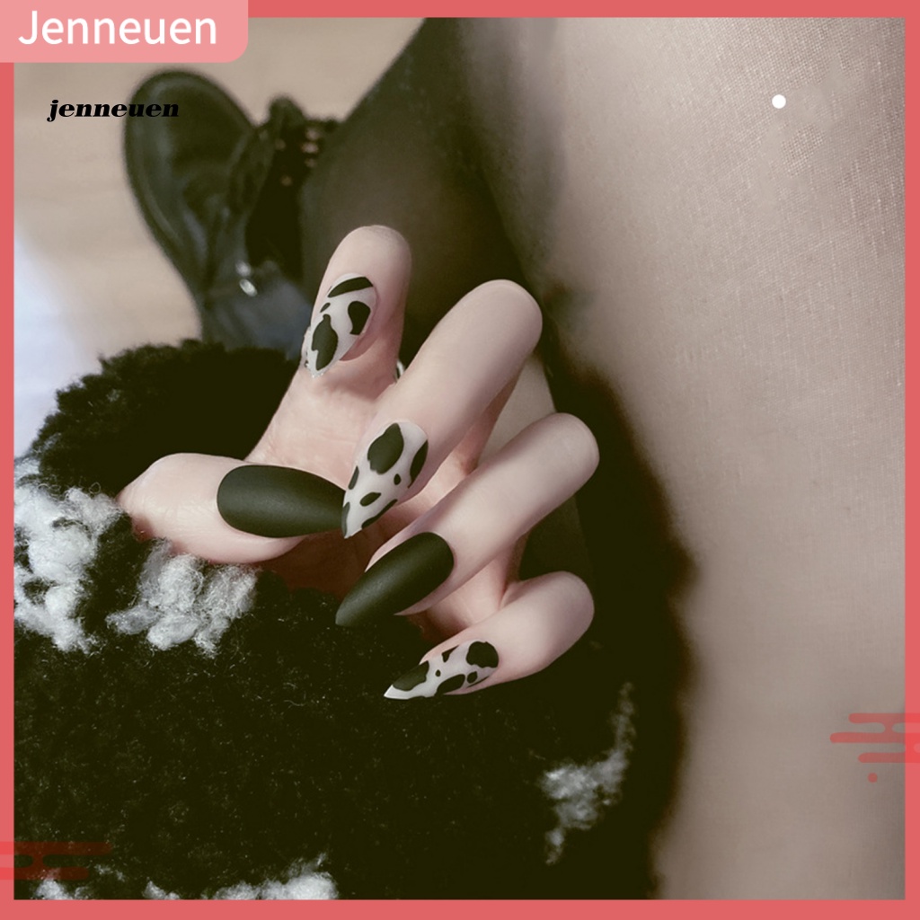 Bộ 24 Móng Tay Giả Họa Tiết Bò Sữa Dễ Thương Dùng Trang Trí Nghệ Thuật