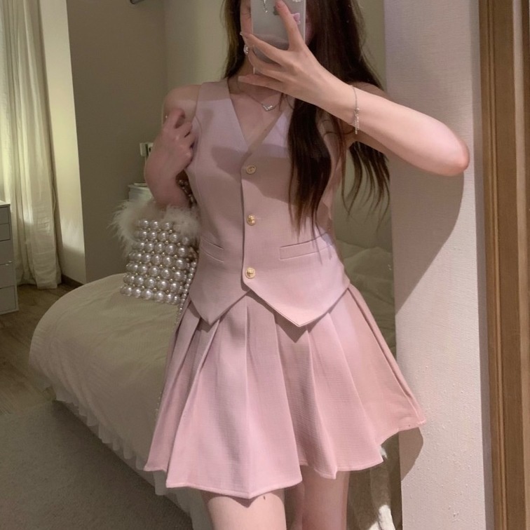 Set Áo Không Tay Màu Sắc Trơn Kèm Chân Váy Xếp Ly Lưng Cao Thời Trang Mùa Hè Cho Nữ