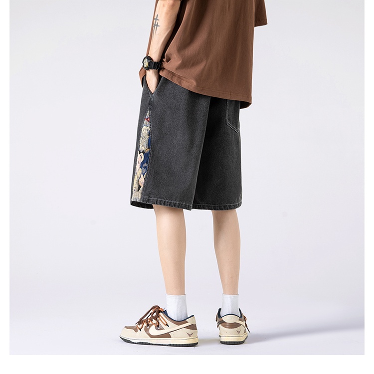 Quần Short Jeans 5 Tấc Phối Họa Tiết Gấu Phong Cách Đường Phố Mỹ Thời Trang Mùa Hè Cho Nam