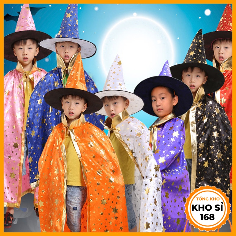 Áo choàng phù thuỷ lấp lánh kèm mũ cho bé trai và bé gái từ 3 đến 15 tuổi trang phục hoá trang  E271