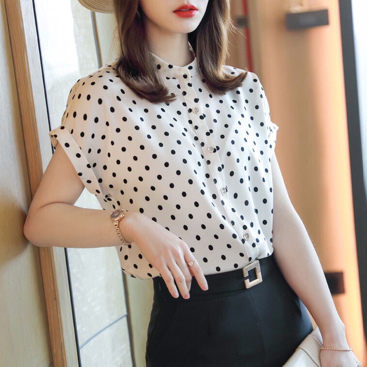 Áo Sơ Mi Tay Ngắn Dáng Rộng Họa Tiết Chấm Bi Thời Trang Mùa Hè Phong Cách Hàn Quốc Cho Nữ