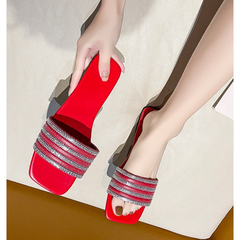 Dép Sandal Đế Bằng Mũi Vuông Đính Đá Phong Cách Thời Trang Hàn Quốc Có size Lớn 35-42 Dành Cho Nữ