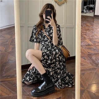 Đầm midi Màu Đen Cổ Chữ v Xẻ Tà In Họa Tiết Hoa Phong Cách Hàn Quốc Thời Trang Mùa Hè Cho Nữ