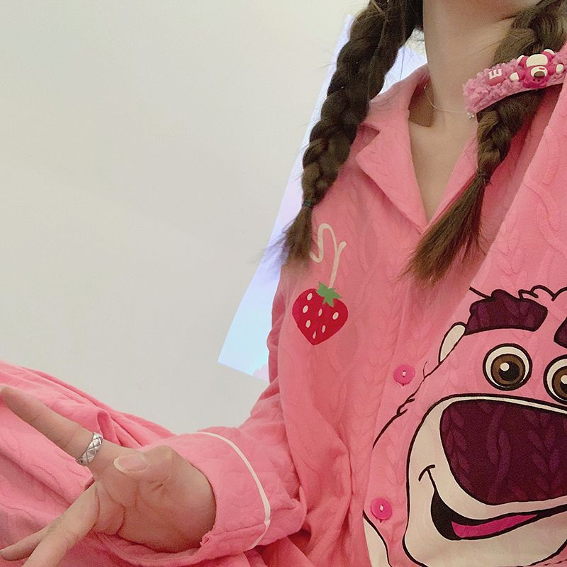 Bộ Đồ Ngủ Chất Cotton Tay Dài In Họa Tiết Trái Dâu Tây Dễ Thương Thời Trang Xuân Thu Cho Nữ