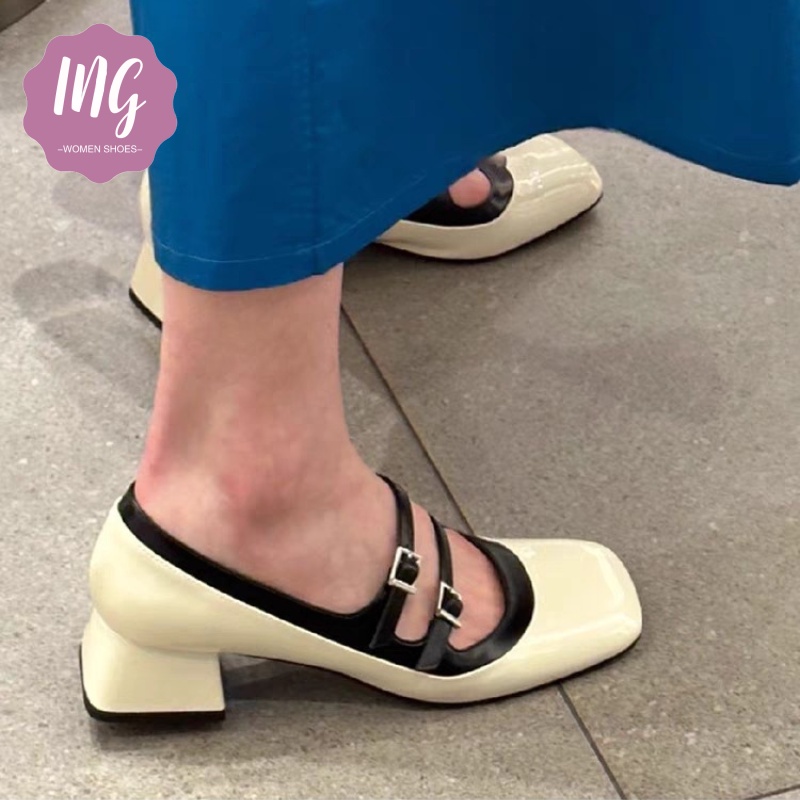 Giày Cao Gót Da Bóng Mũi Vuông Phong Cách Retro Cho Nữ