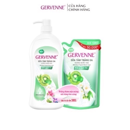 Sữa tắm trắng da Gervenne Kiwi và Bạch Trà 900gr + Túi sữa tắm 380gr