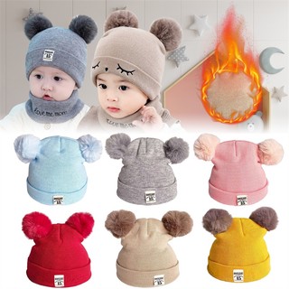 Mũ 2 quả bông mũ len 2 qủa bông kèm khăn quàng cổ cho bé từ 6 tháng-3 tuổi