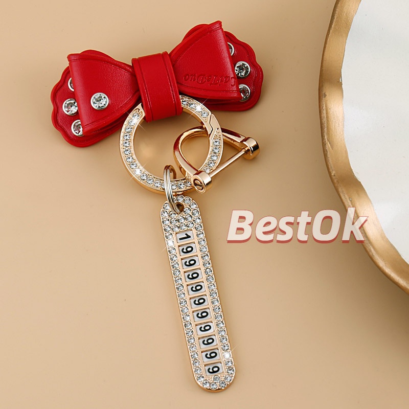 Móc Khóa Da Đính Đá Kim Loại Màu Vàng Hình Nơ Dễ Thương Có Biển Số Cho Nam Và Nữ