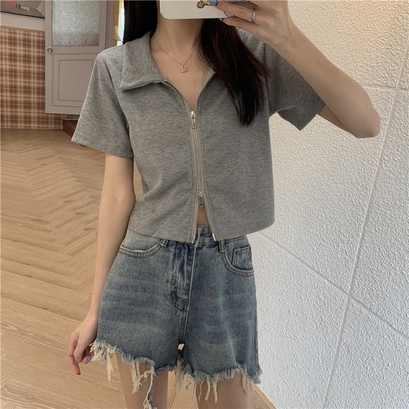 Áo polo Ngắn Tay Dáng Ôm Phối Khóa Kéo Thời Trang Mùa Hè Dành Cho Nữ