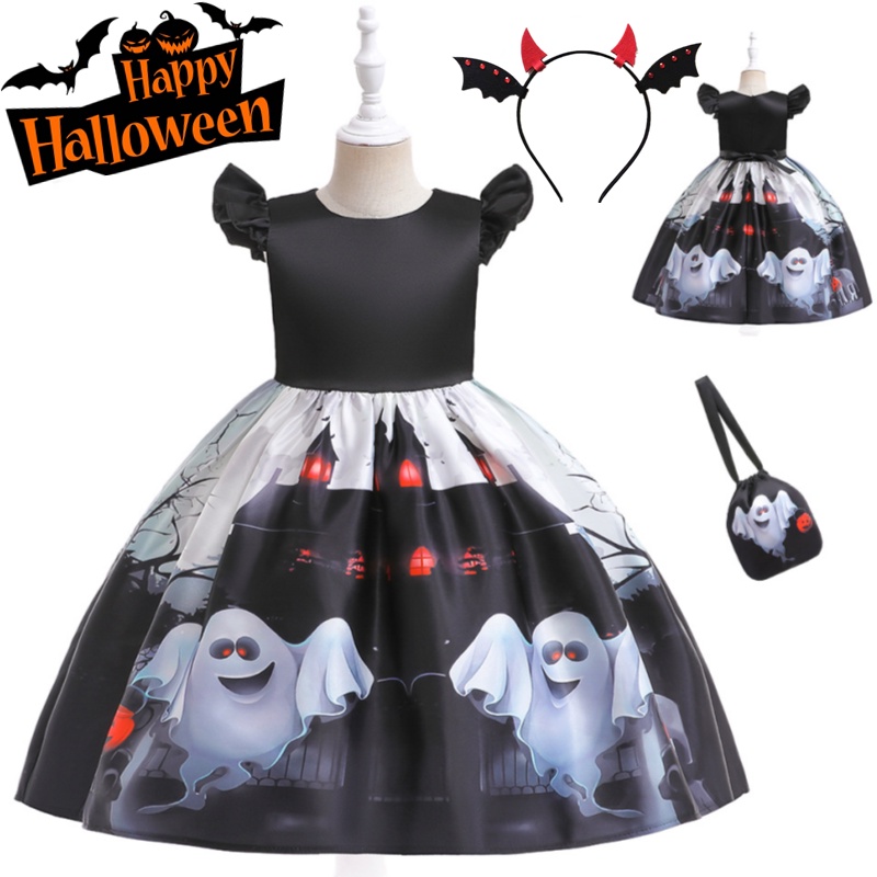 Đầm Hóa Trang Halloween Phối Lưới Phù Thủy Cho Bé Gái Mẫu Mới 2023 3-10 Tuổi