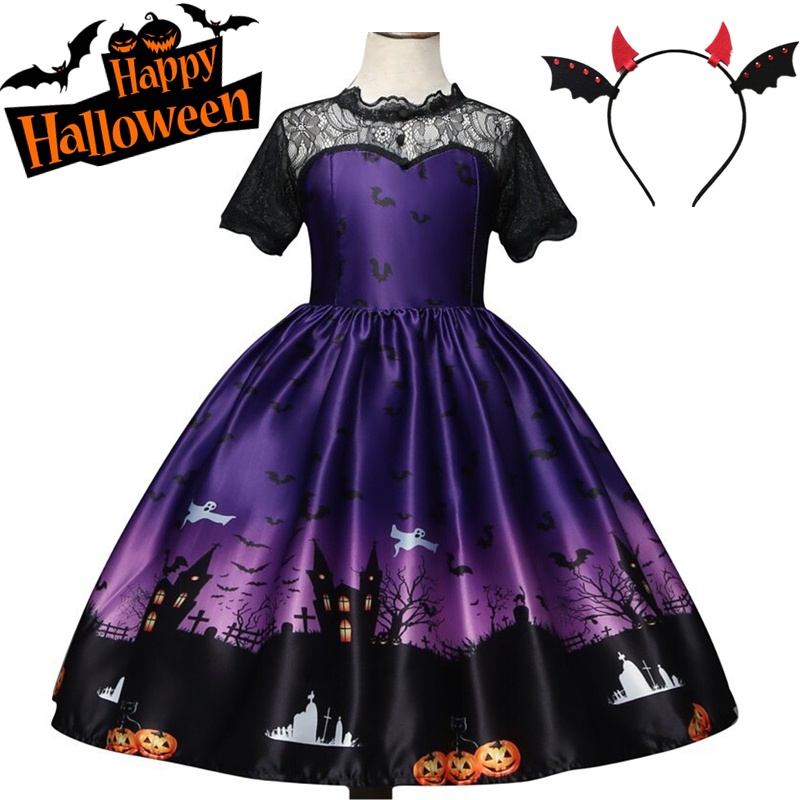 Đầm Hóa Trang Halloween Phối Lưới Phù Thủy Cho Bé Gái Mẫu Mới 2023 3-10 Tuổi