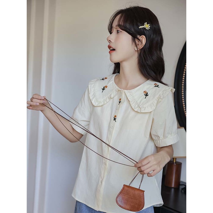 Búp bê cổ bong bóng tay áo thêu cho phụ nữ Pháp Vintage College Wind Top