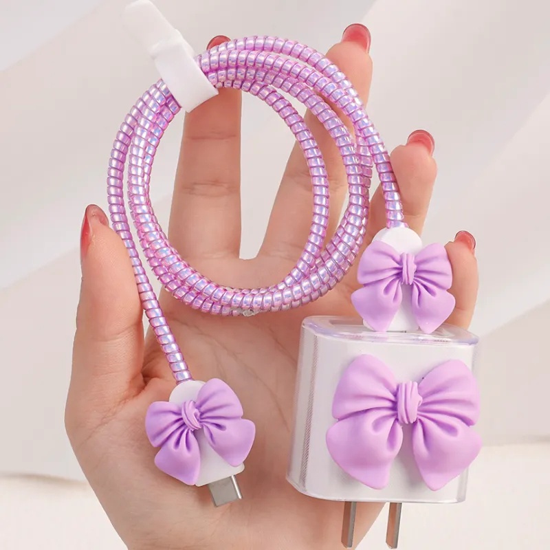 Phụ Kiện Bảo Vệ Đầu Dây Cáp Sạc Hình Nơ 3D Dễ Thương Cho iPhone 11 12 13 14 Pro Max