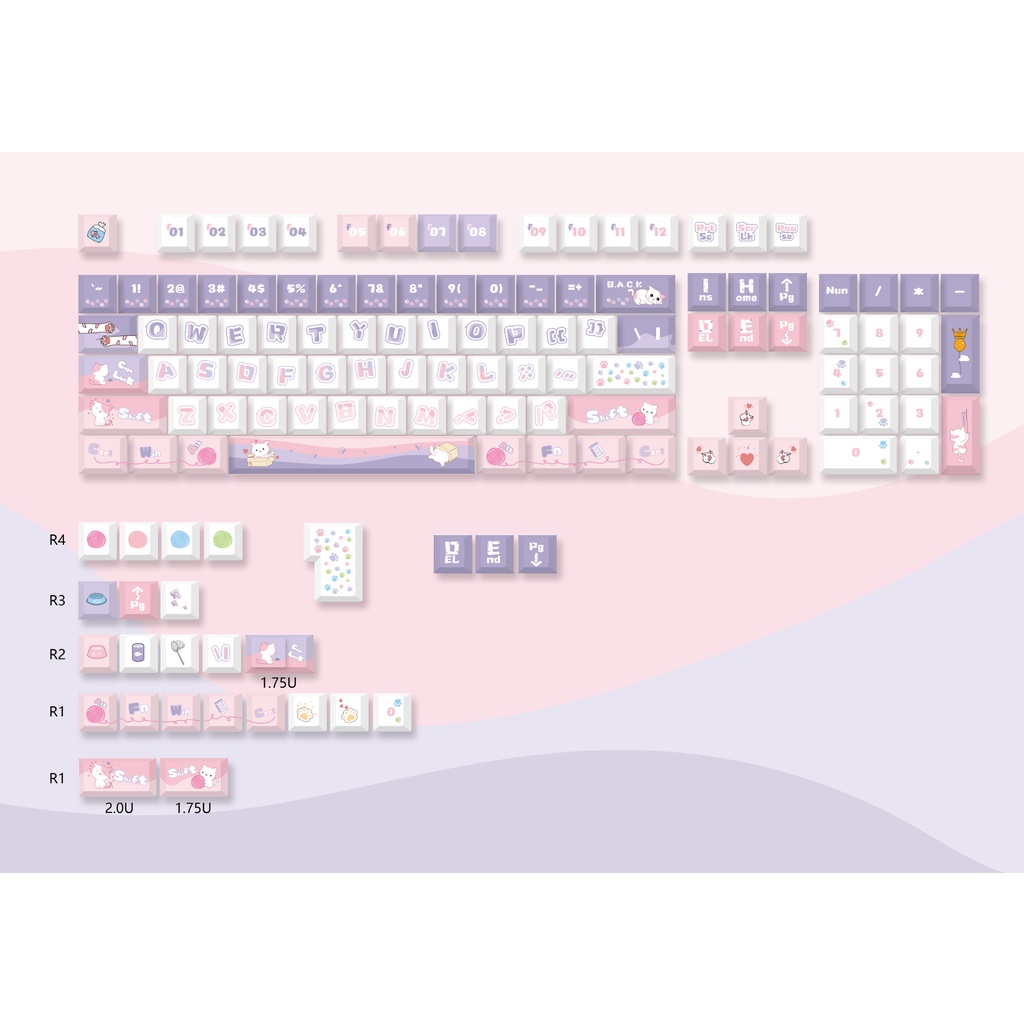 130 Phím Mèo Con Keycaps Cherry Profile Mèo Hoạt Hình PBT Dye Sub Cơ Keycap