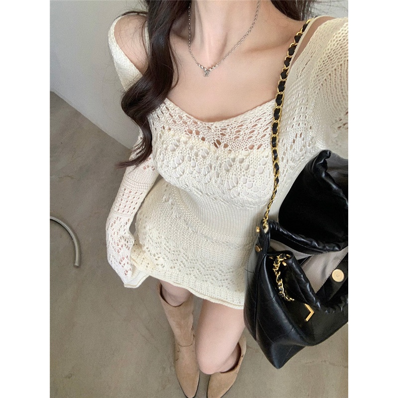 He Chenxi White hollow-out knitted dress women's new gentle temperament close-fitting waist long sleeve skirt MC clothing N4BI