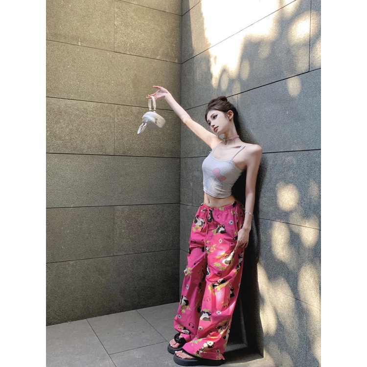 Quần Dài Thể Thao Ống Rộng Lưng Thun Rút Dây In Họa Tiết Hoạt Hình Thời Trang Mùa Hè Cho Nữ