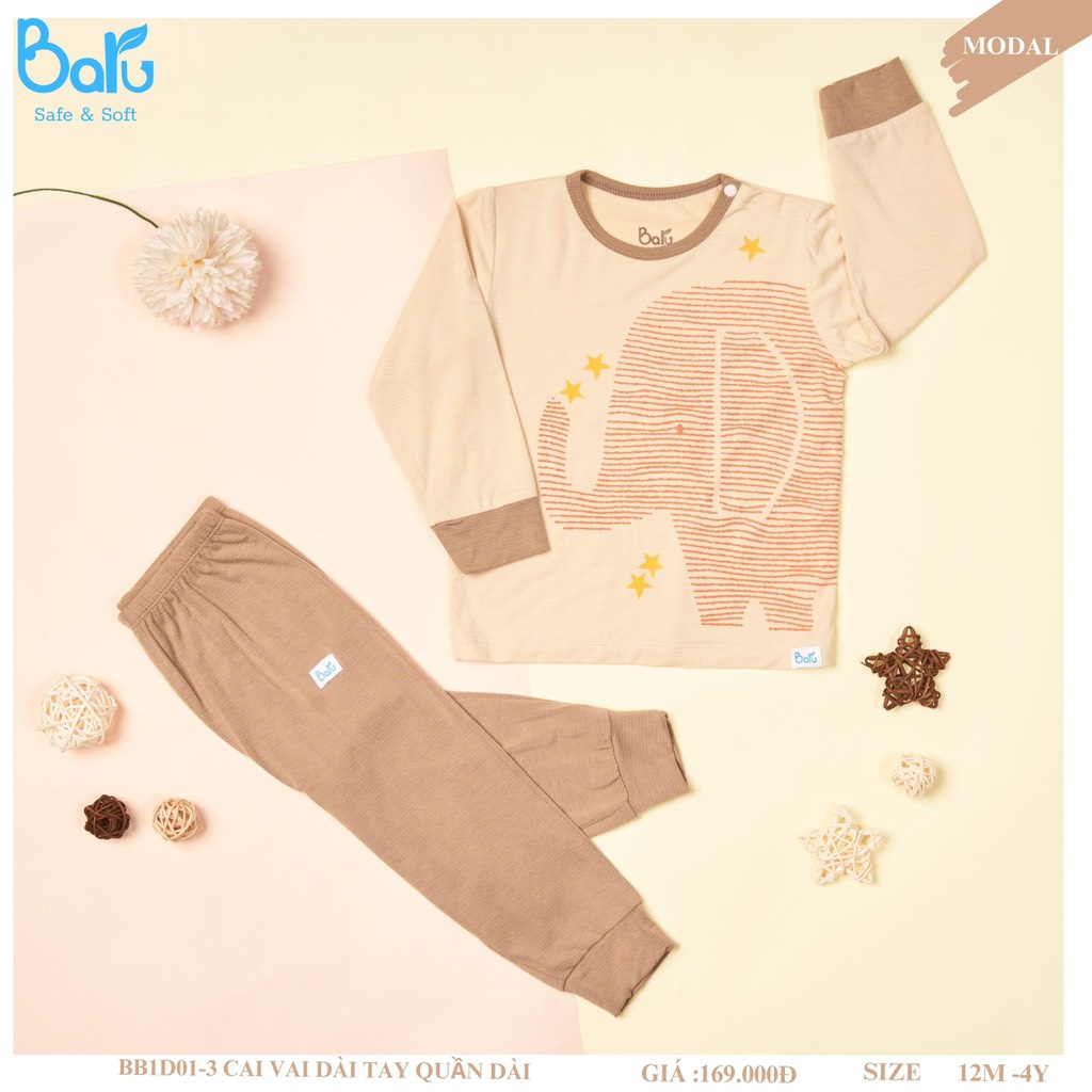 Bộ Baru Modal dài tay in thú cho bé trai bé gái