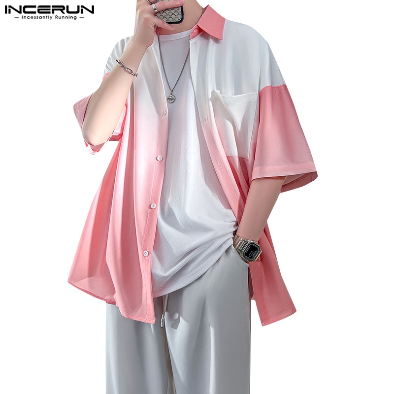 Incerun men hàn quốc candy gradient ngắn tay áo sơ mi turn-down-collar