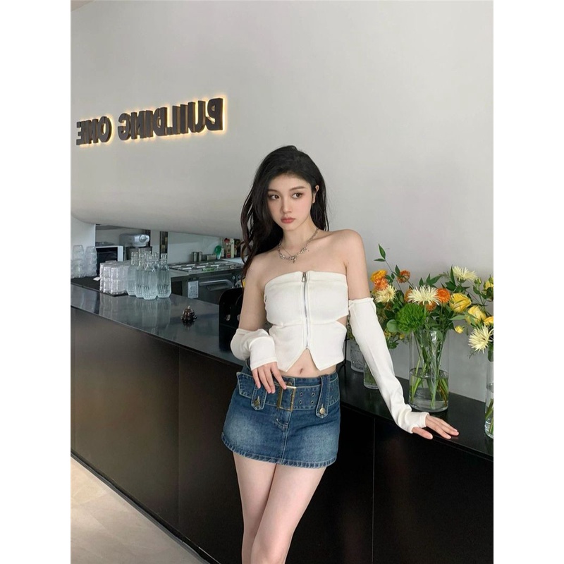 Màu đen hot girl dệt kim ống hàng đầu của phụ nữ mùa hè quây sexy sang trọng vest dây kéo áo ngắn áo khoác ngoài