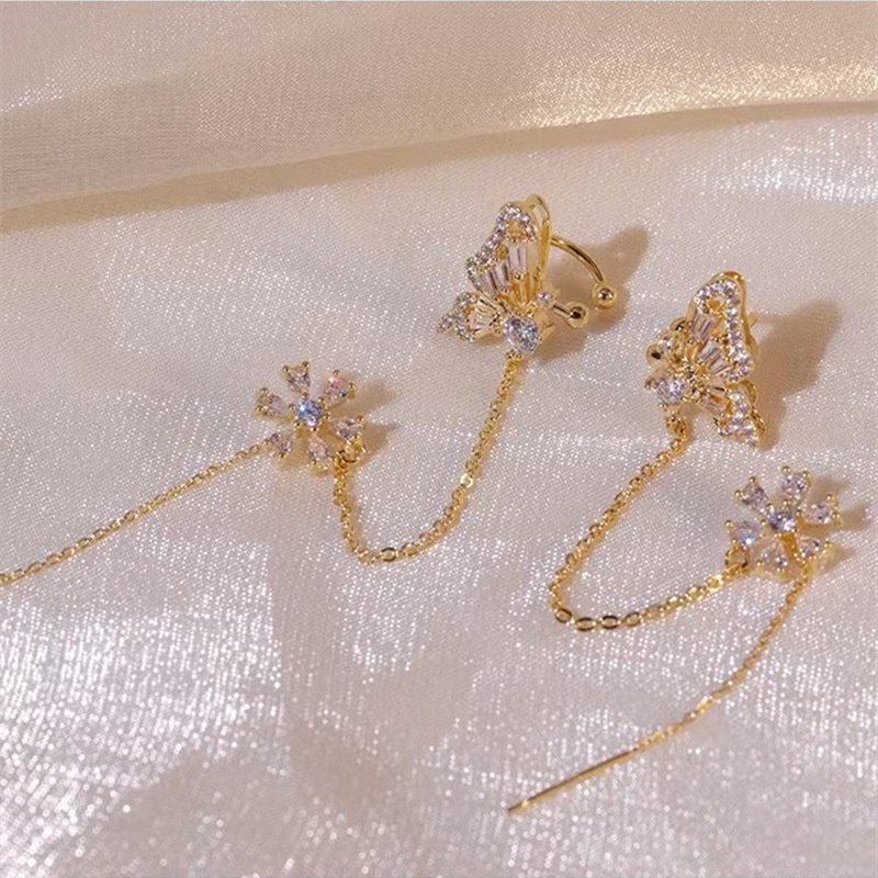 Sáng bóng zircon bướm tai cuff màu vàng tua kẹp trên bông tai cho phụ nữ phong cách hàn quốc bông tai hoa không xỏ khuyên trang sức ryvn