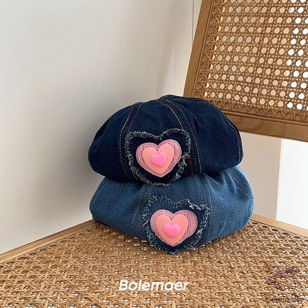 Trẻ em hàn quốc cô gái ngọt ngào mát mẻ tình yêu thiết kế trái tim mũ nồi denim ins style mũ