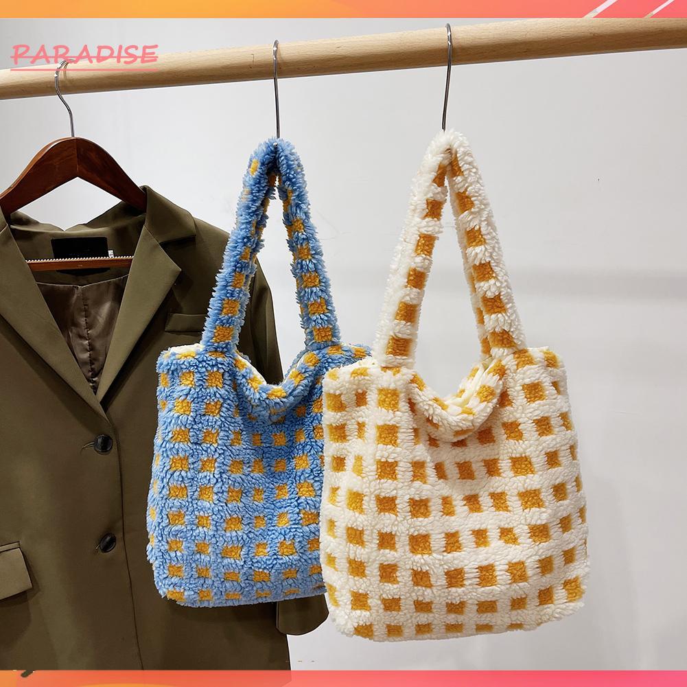 Túi Xách Đeo Vai Bằng Vải Lông Họa Tiết Kẻ Sọc Thời Trang Mùa Đông Có Tay C