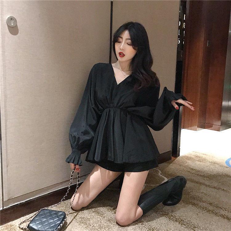 Áo cánh dơi nữ mùa xuân 2023 áo cánh dơi v-cổ - áo sơ mi quấn eo vừa vặn