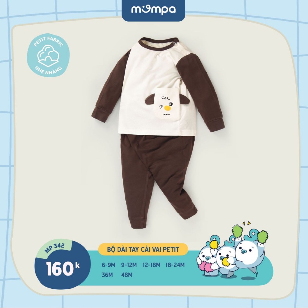 Bộ quần áo dài tay cho bé Mompa 6 tháng đến 4 tuổi cài vai vải petit thoáng mát co giãn thấm hút MP 342