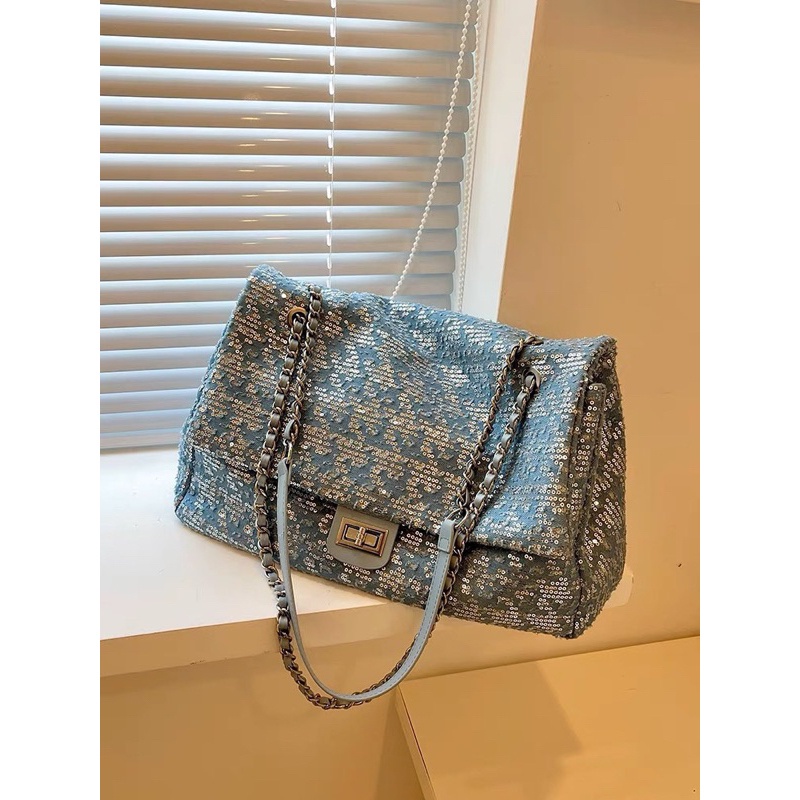 Túi xách nữ classic big size Trendy 2023 nhũ xanh size 38cm-TA005