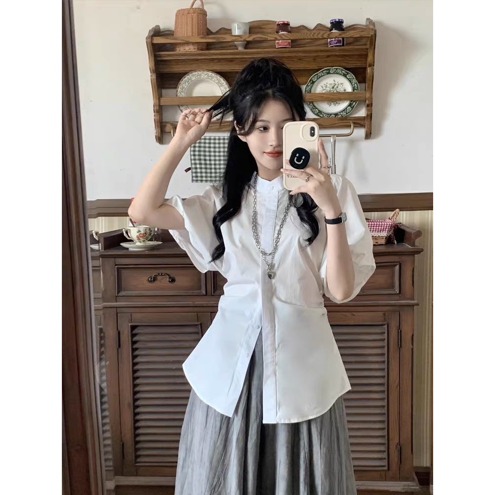 Áo sơ mi nữ cộc tay cổ trụ tay bồng CHIẾT EO buộc dây lưng tiểu thư xinh xắn