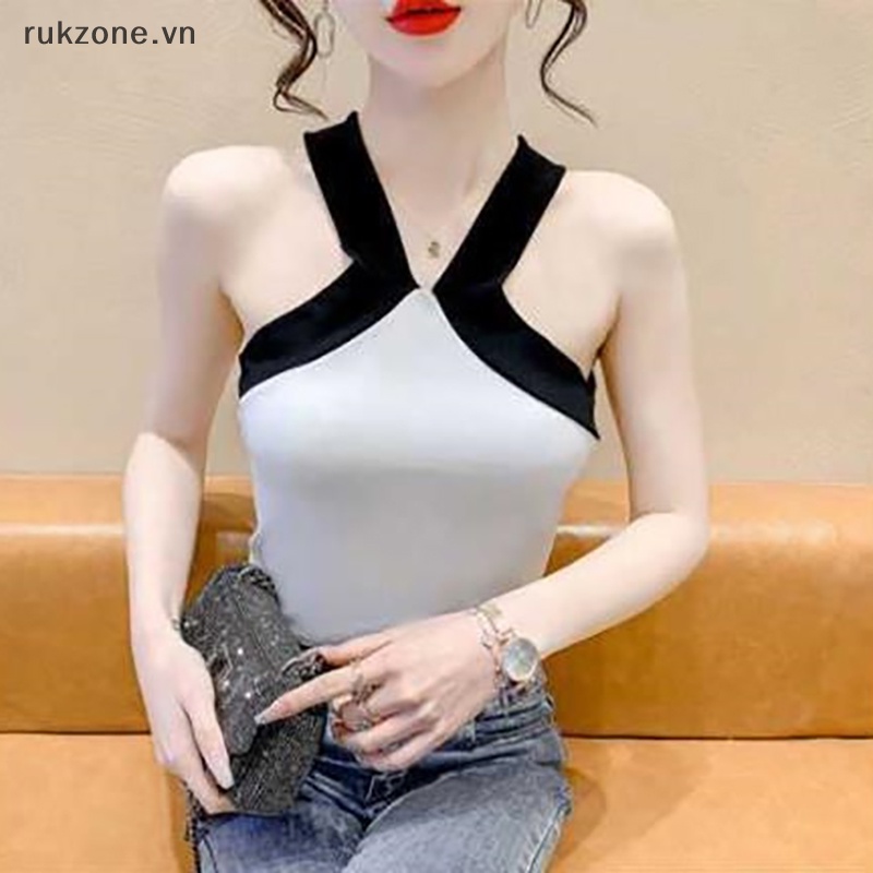 Zon mùa hè tương phản màu Áo hai dây dệt kim phụ nữ sexy không tay mỏng trên cùng ig