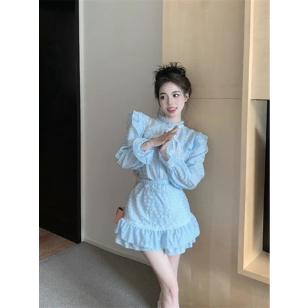 Set Áo Sơ Mi Kèm Chân Váy Đũi Xanh Baby
