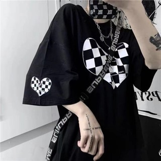 : Oversize t-shirt [40-150kg) nữ big size love checkerboad short sleeve t-shirt đa năng loose top