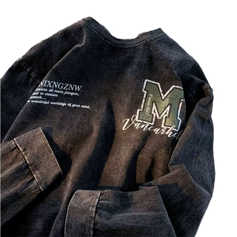 Áo thun dài tay  Unisex T-shirt 100% Cotton Phong cách Vintage Châu Âu lỏng lẻo đen