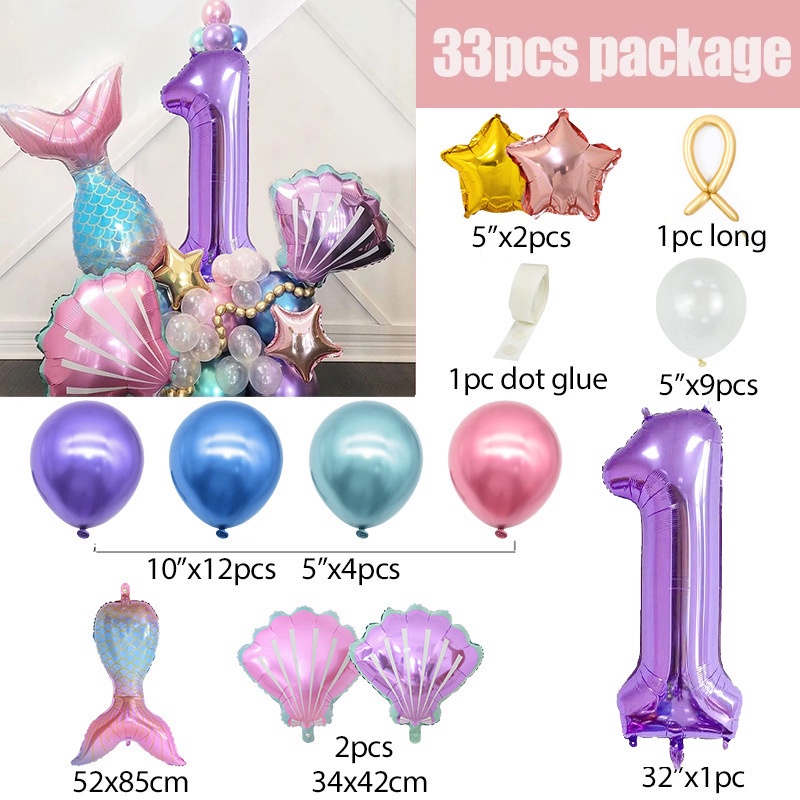 33 cái / bộ bóng bay số bữa tiệc nàng tiên cá vàng hồng 0-9 số bóng bay lá