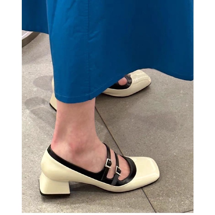 Ngón chân vuông mid-heel giày nữ dây đeo phẳng gót dày giày gót chuyên nghiệp