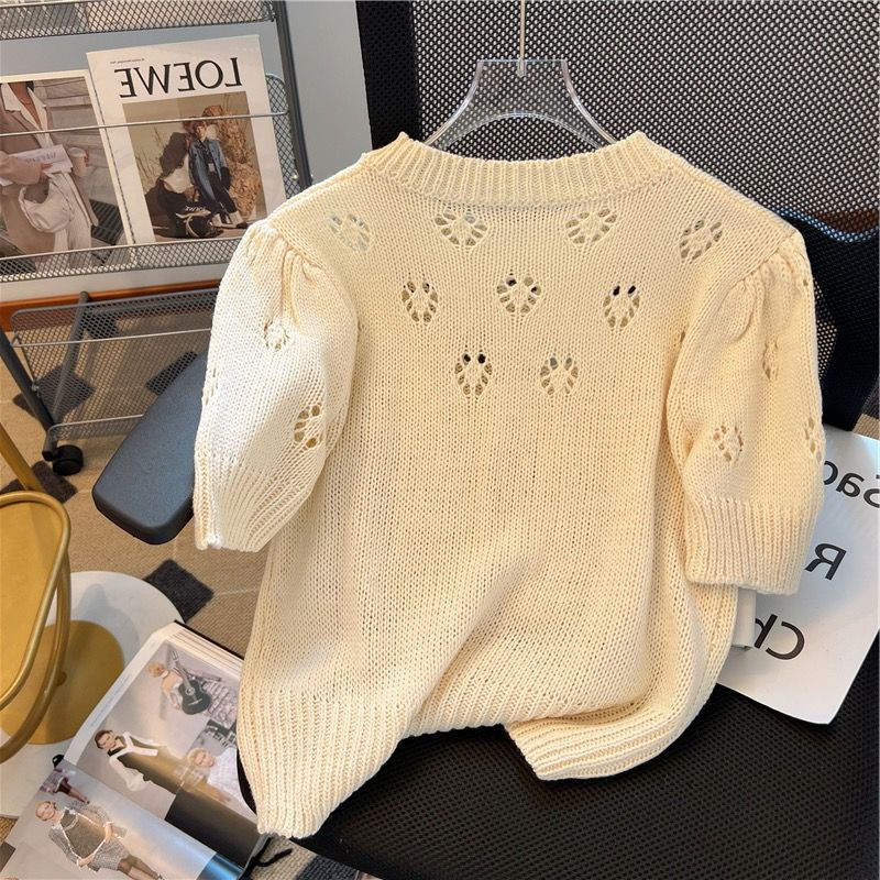 French hollow knitted t-shirt short-tay mỏng cổ tròn top leml