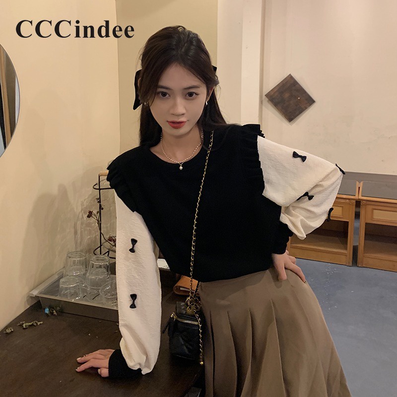 Cccindee women's 2023 thời trang mới bowknot màu tương phản lỏng vừa vặn sai hai mảnh áo len dài tay