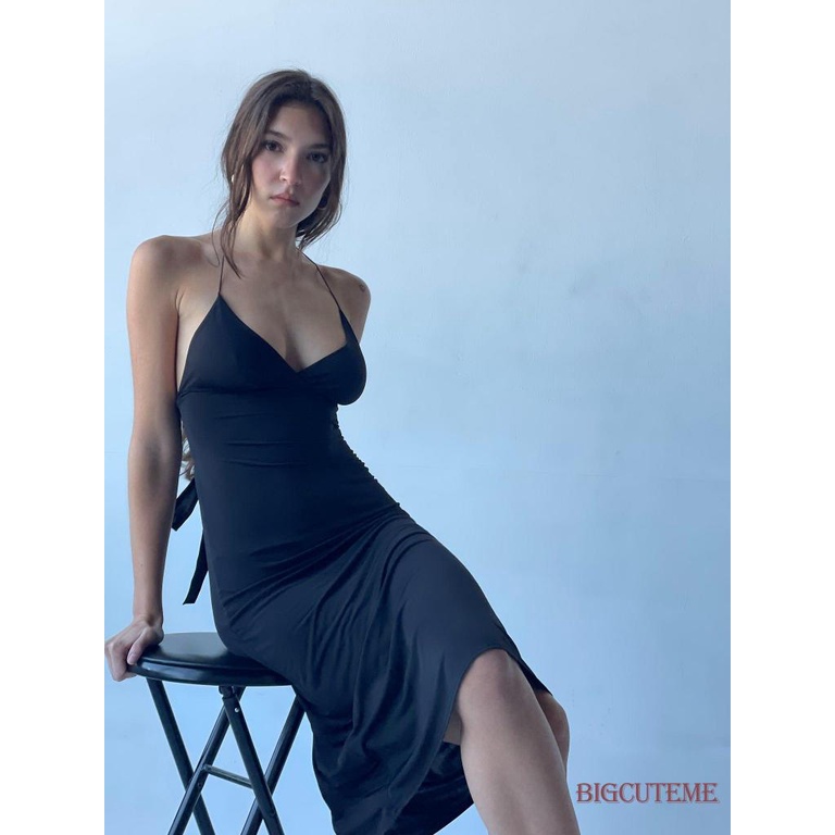 Đầm Midi Hai Dây Cổ Chữ V Màu Đen Thời Trang Mùa Hè Cho Nữ